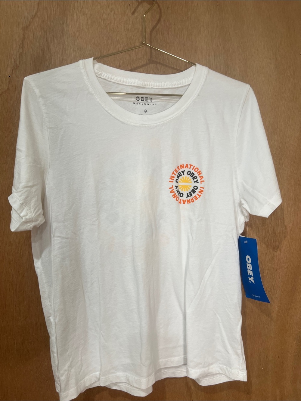 Obey White Short Sleeve Tee with Orange & Yellow Sun Graphic size large